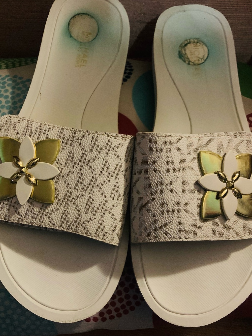 Michael Kors White Slide Sandals with Gold and White Floral Accents
